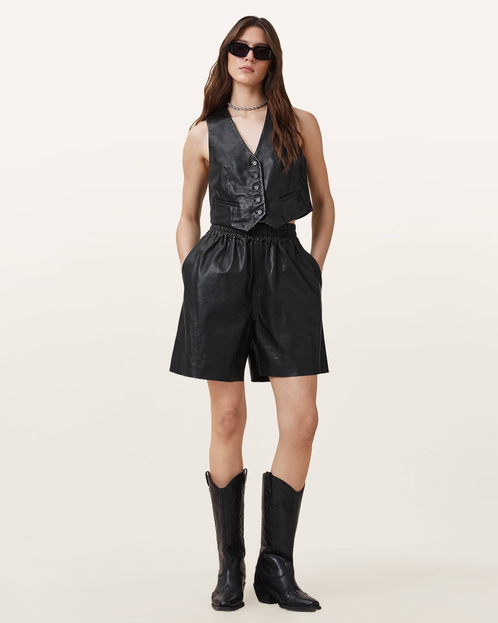 All Saints Arla Lea Leather Vest Black