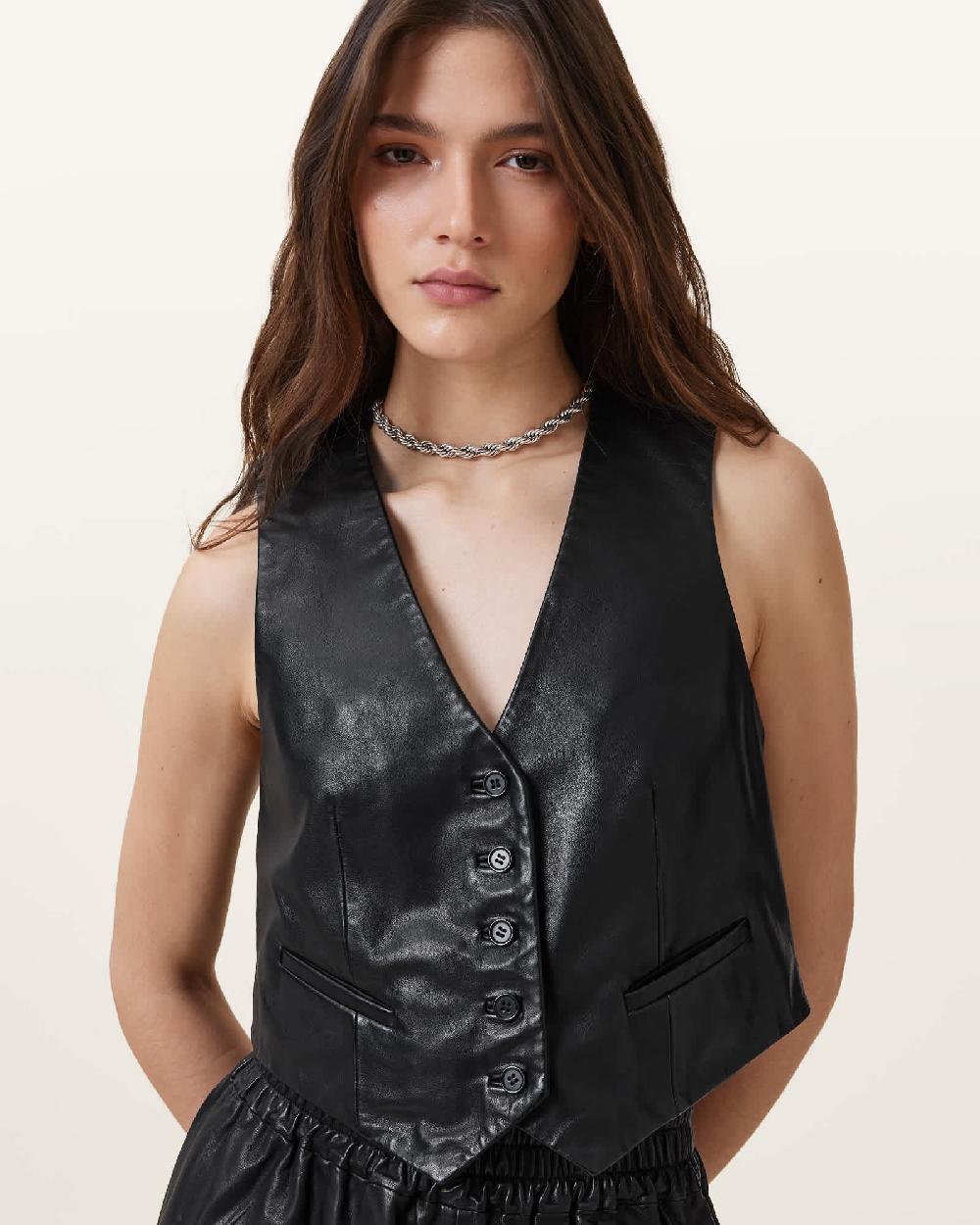 All Saints Arla Lea Leather Vest Black