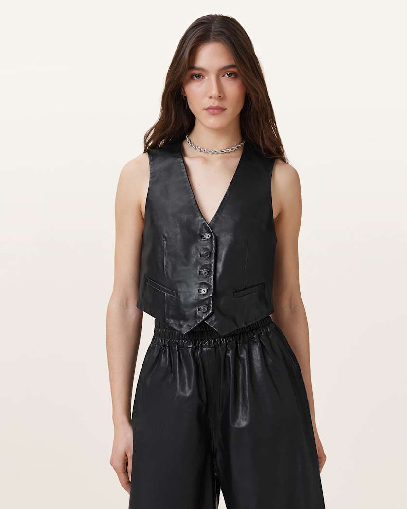 all saints Arla Lea Leather Vest Black