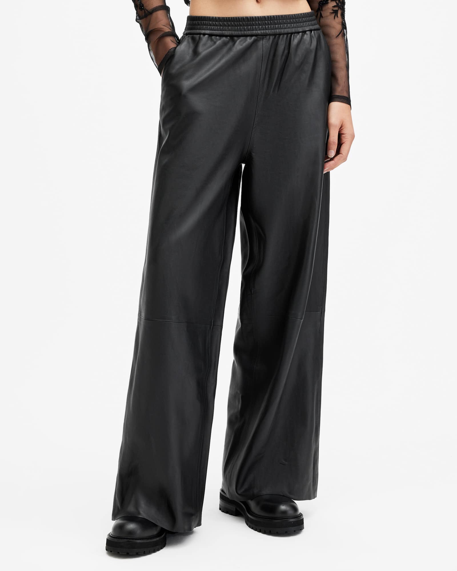 All Saints Aspen Wide Leg Leather Pants Black