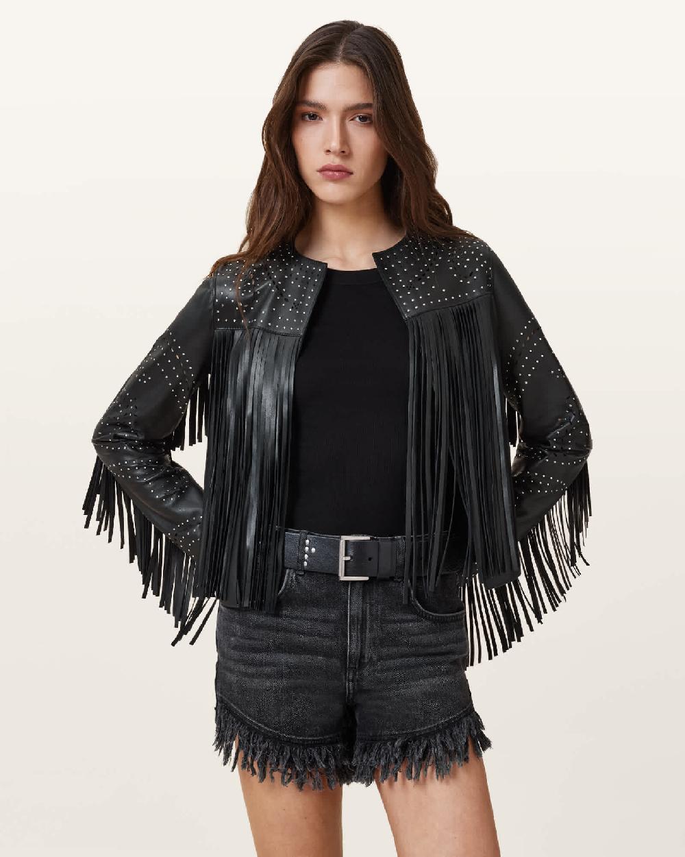 All Saints Asta Leather Tassel Jacket Black