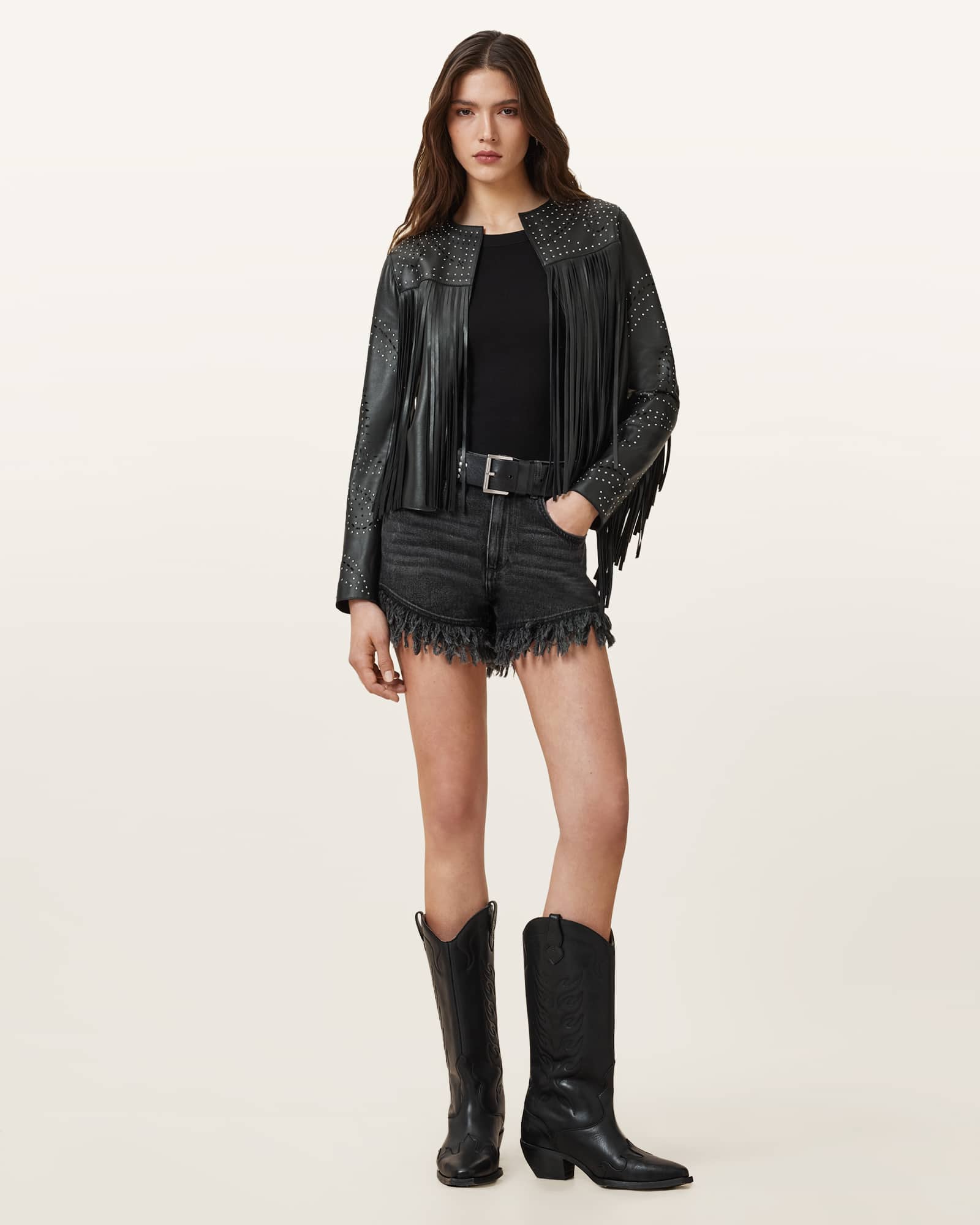All Saints Asta Leather Tassel Jacket Black