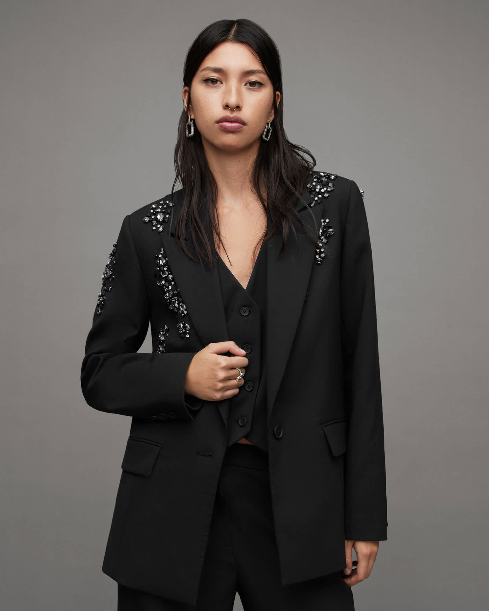 All Saints Atlas Bead Embellished Blazer Black