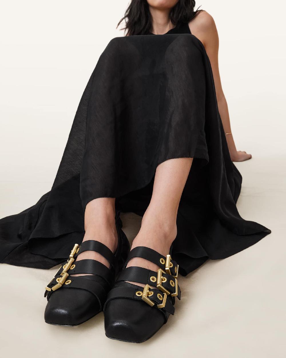 All Saints Aurora Leather Ballet Shoes Black