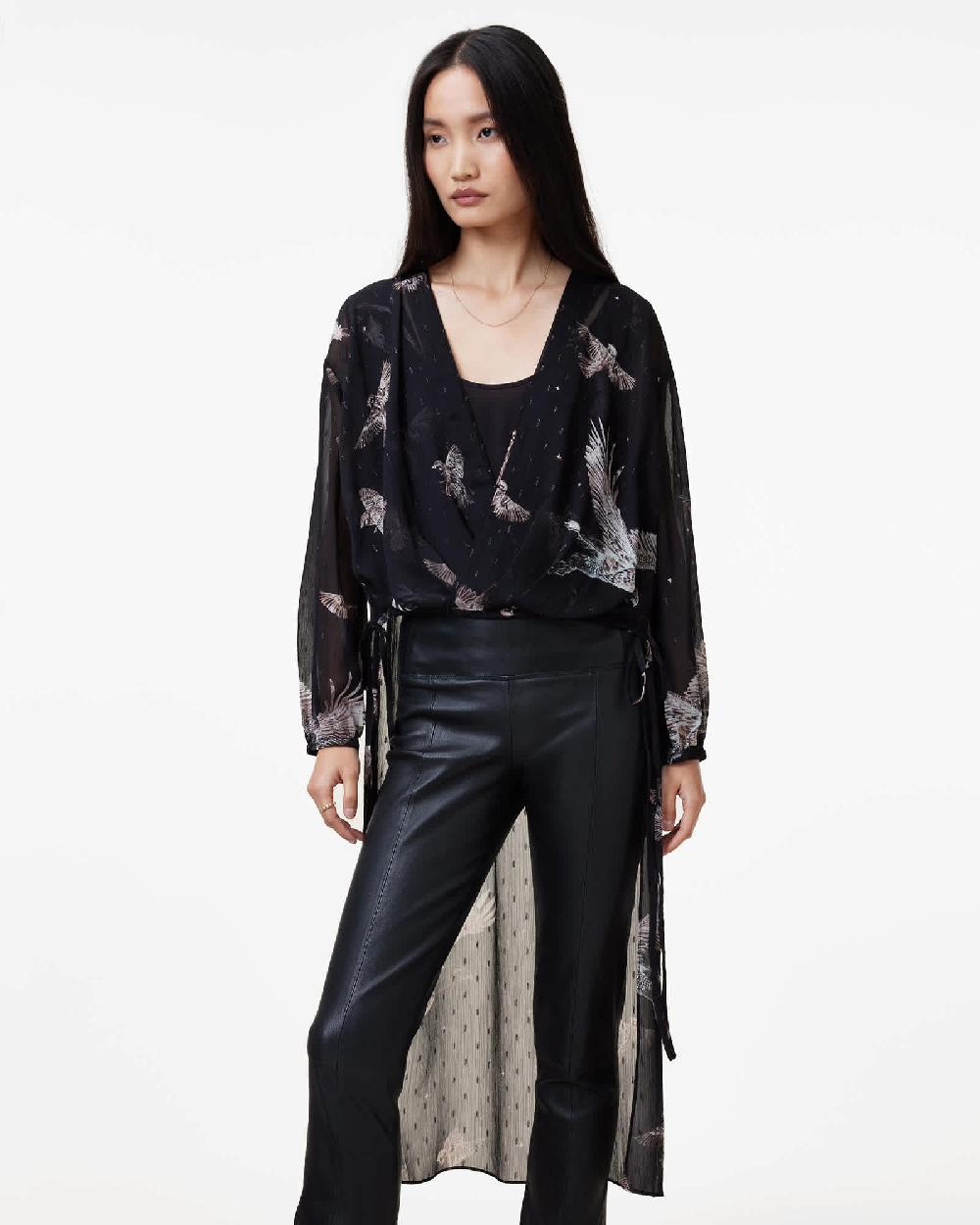 All Saints Avala Printed Draped Top Spell Black