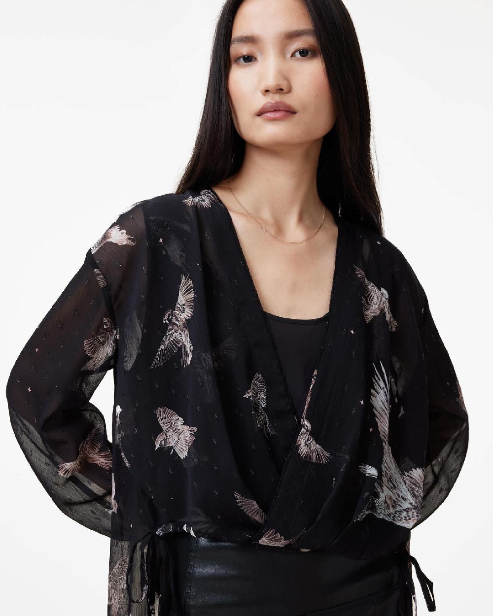 All Saints Avala Printed Draped Top Spell Black
