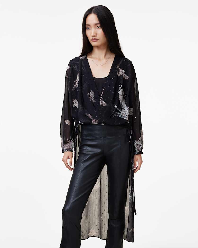 all saints Avala Printed Draped Top Spell Black