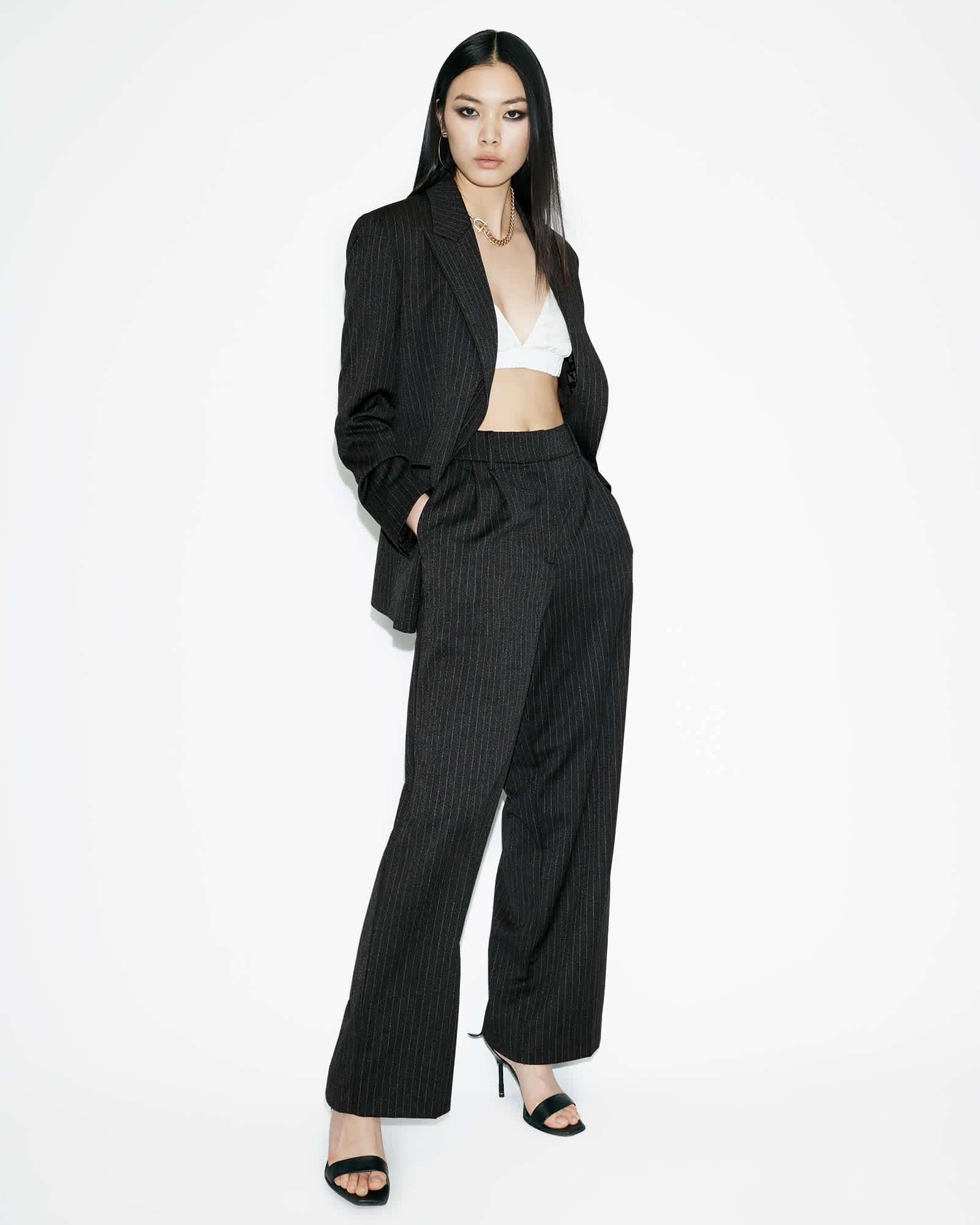 All Saints Averie Pinstriped Wide Leg Pants Grey