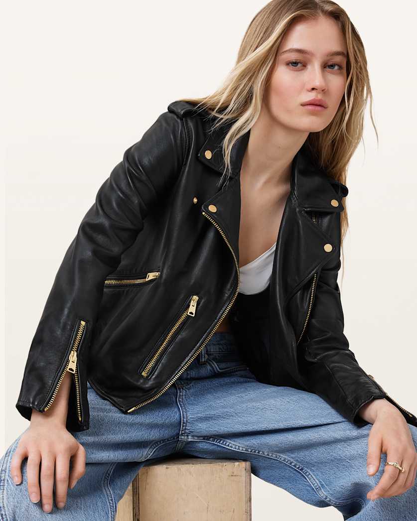 all saints Balfern Leather Biker Jacket BLACK/GOLD