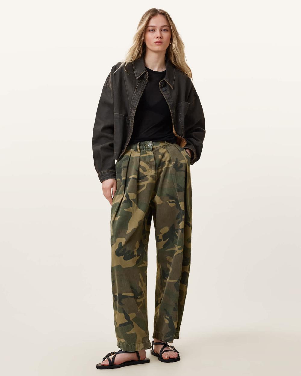 All Saints Becca Barrel Leg Denim Jeans Camo Green