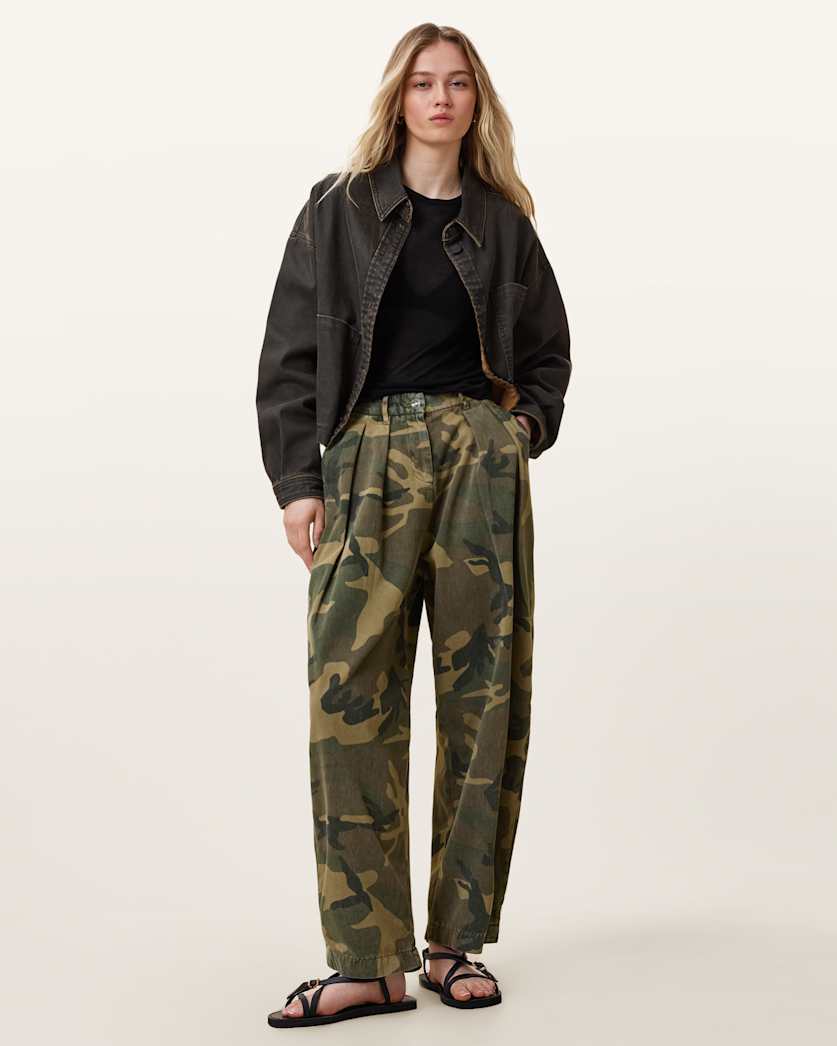 all saints Becca Barrel Leg Denim Jeans Camo Green