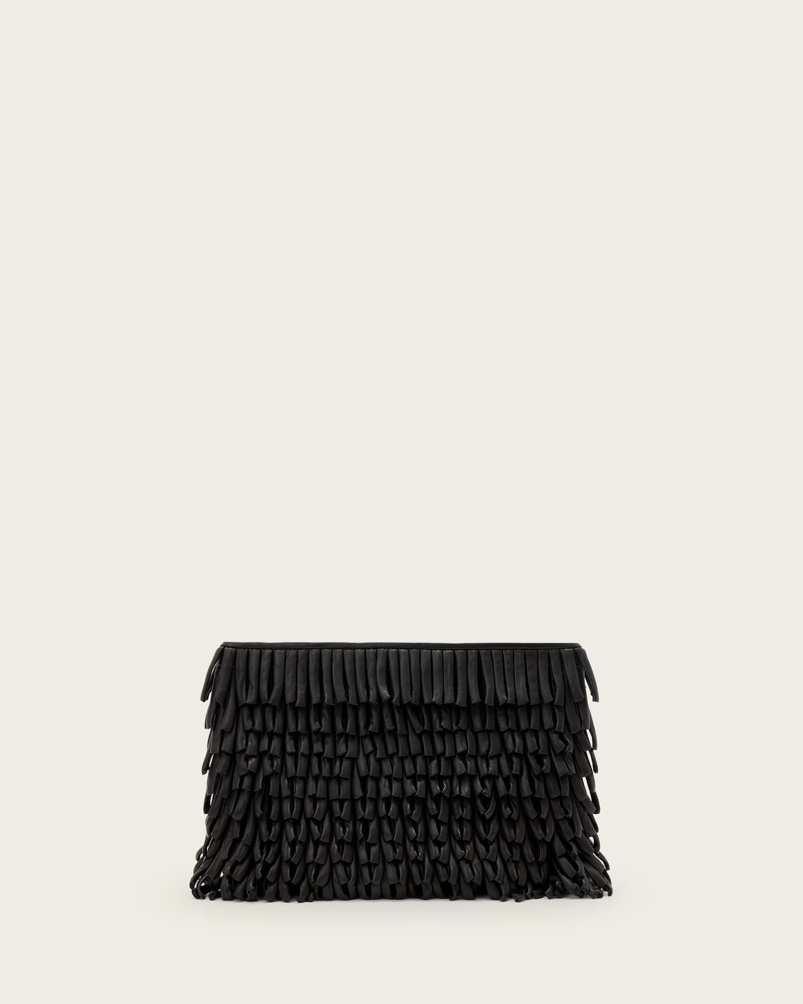 All Saints Bettina Fringe Leather Clutch Black