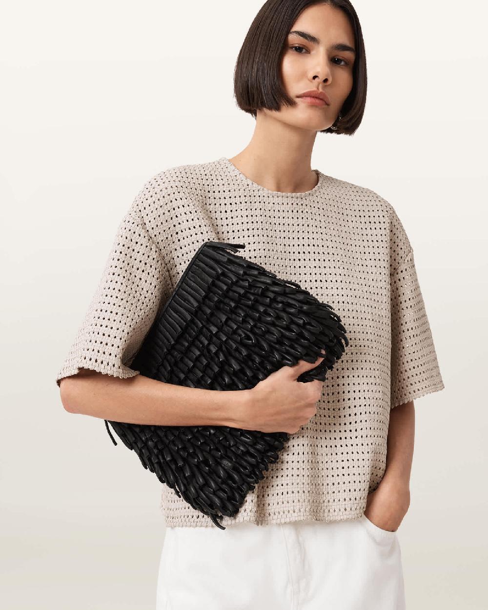 All Saints Bettina Fringe Leather Clutch Black