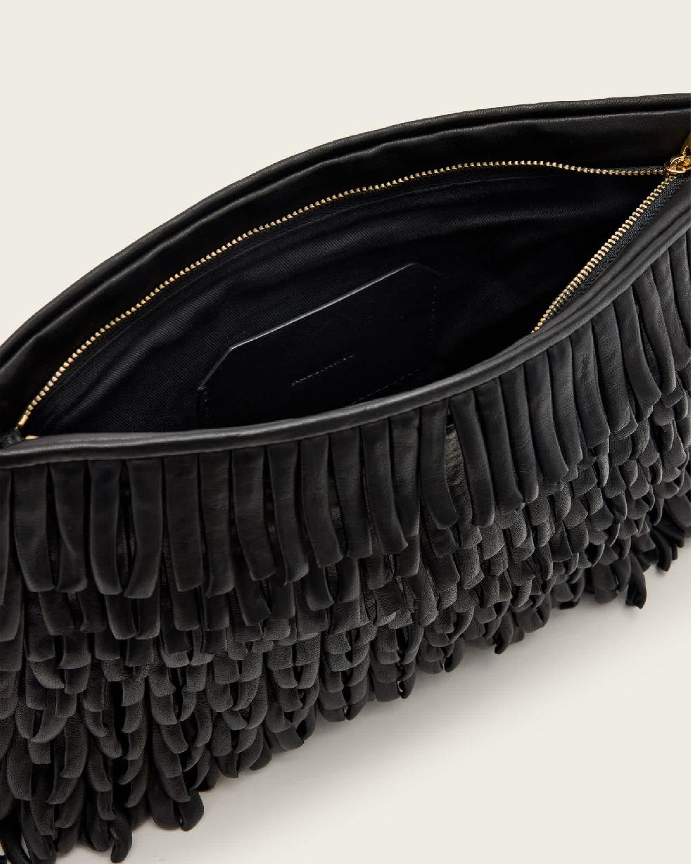 All Saints Bettina Fringe Leather Clutch Black