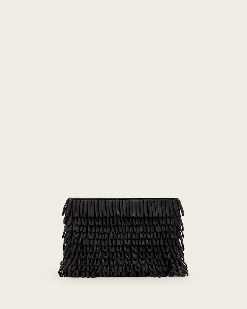 all saints Bettina Fringe Leather Clutch Black