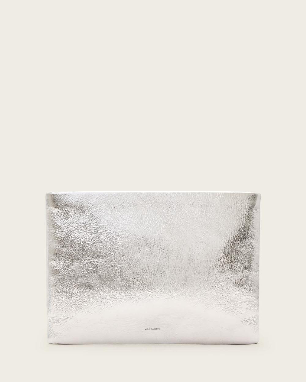 All Saints Bettina Leather Clutch Bag Silver