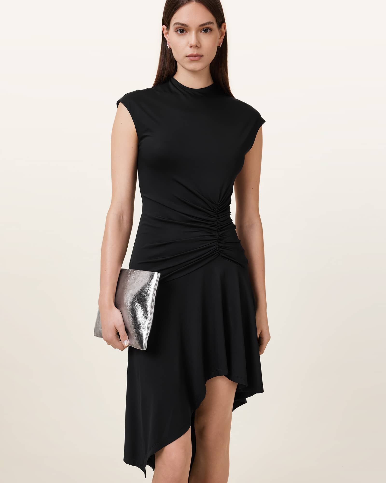 All Saints Bettina Leather Clutch Bag Silver