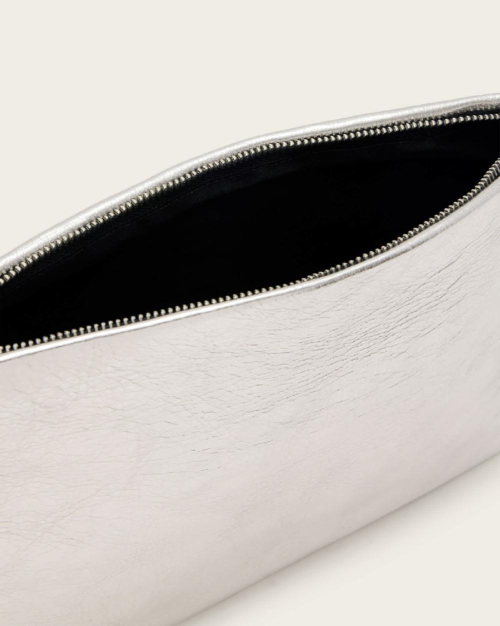 All Saints Bettina Leather Clutch Bag Silver