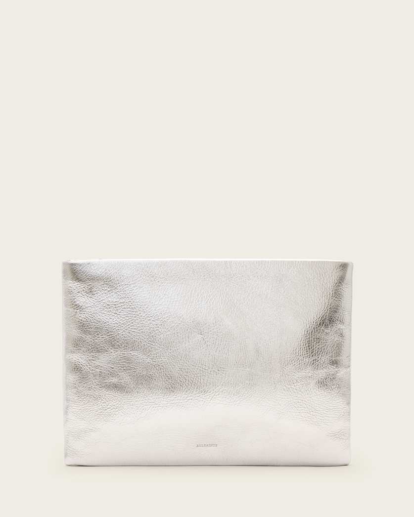 all saints Bettina Leather Clutch Bag Silver