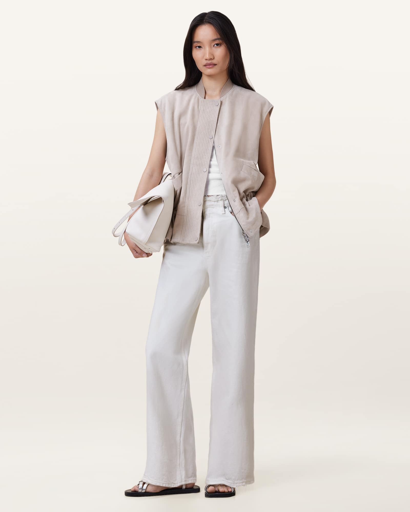 All Saints Blake Wide Leg Denim Jeans Chalk White