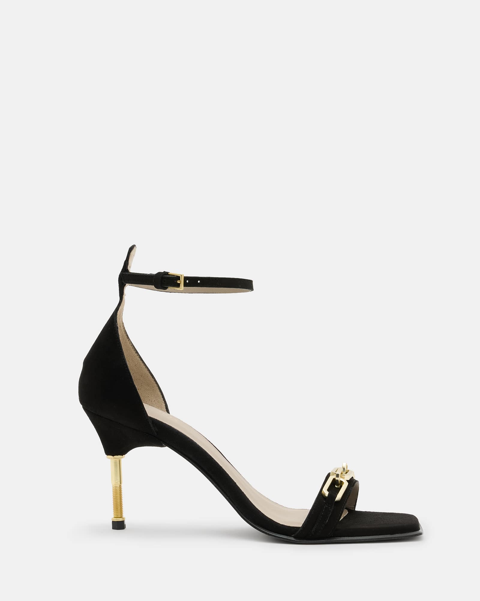 All Saints Bridget Leather Chain Heel Sandal Black