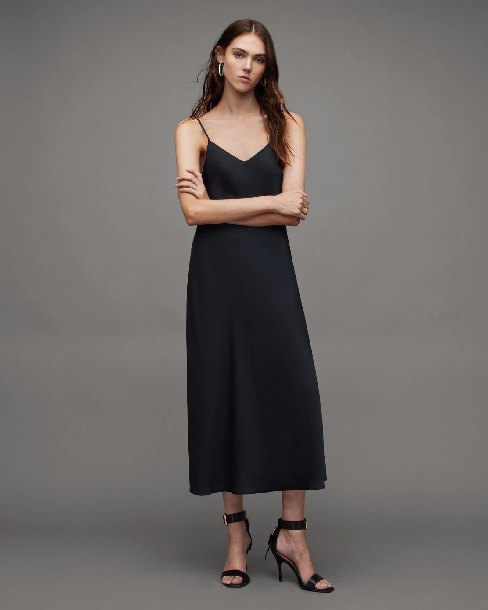 All Saints Bryony V-Neck Midi Slip Dress Black