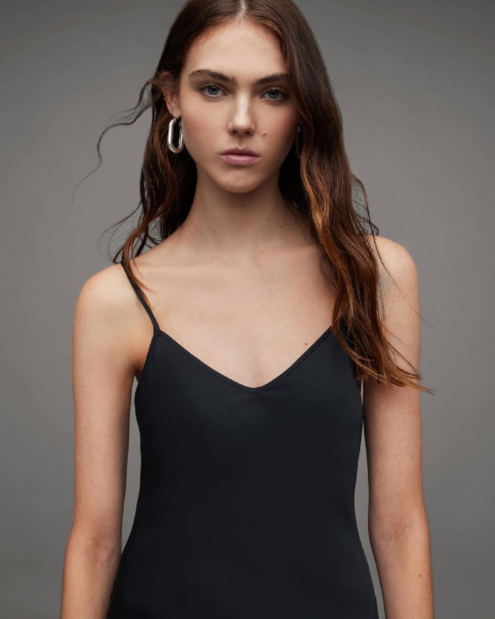 All Saints Bryony V-Neck Midi Slip Dress Black