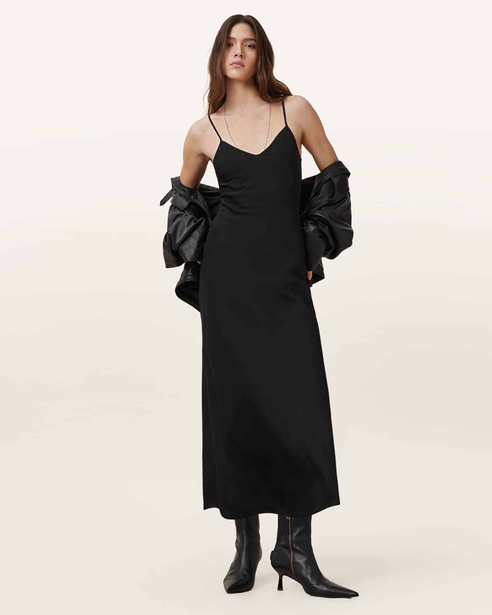 All Saints Bryony V-Neck Midi Slip Dress Black