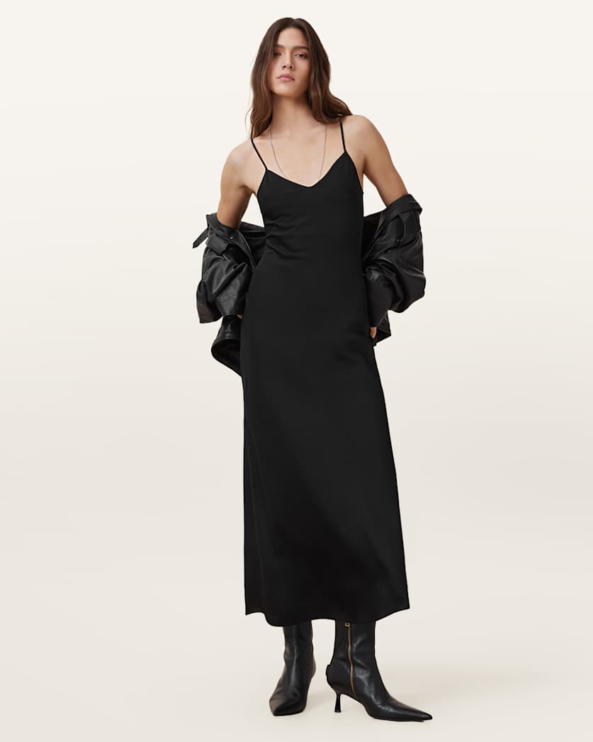 all saints Bryony V-Neck Midi Slip Dress Black