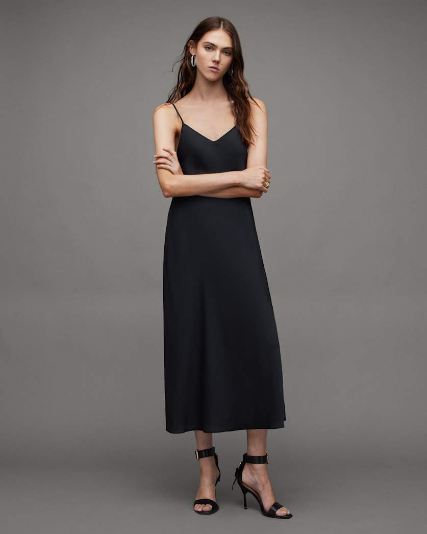 all saints Bryony V-Neck Midi Slip Dress Black