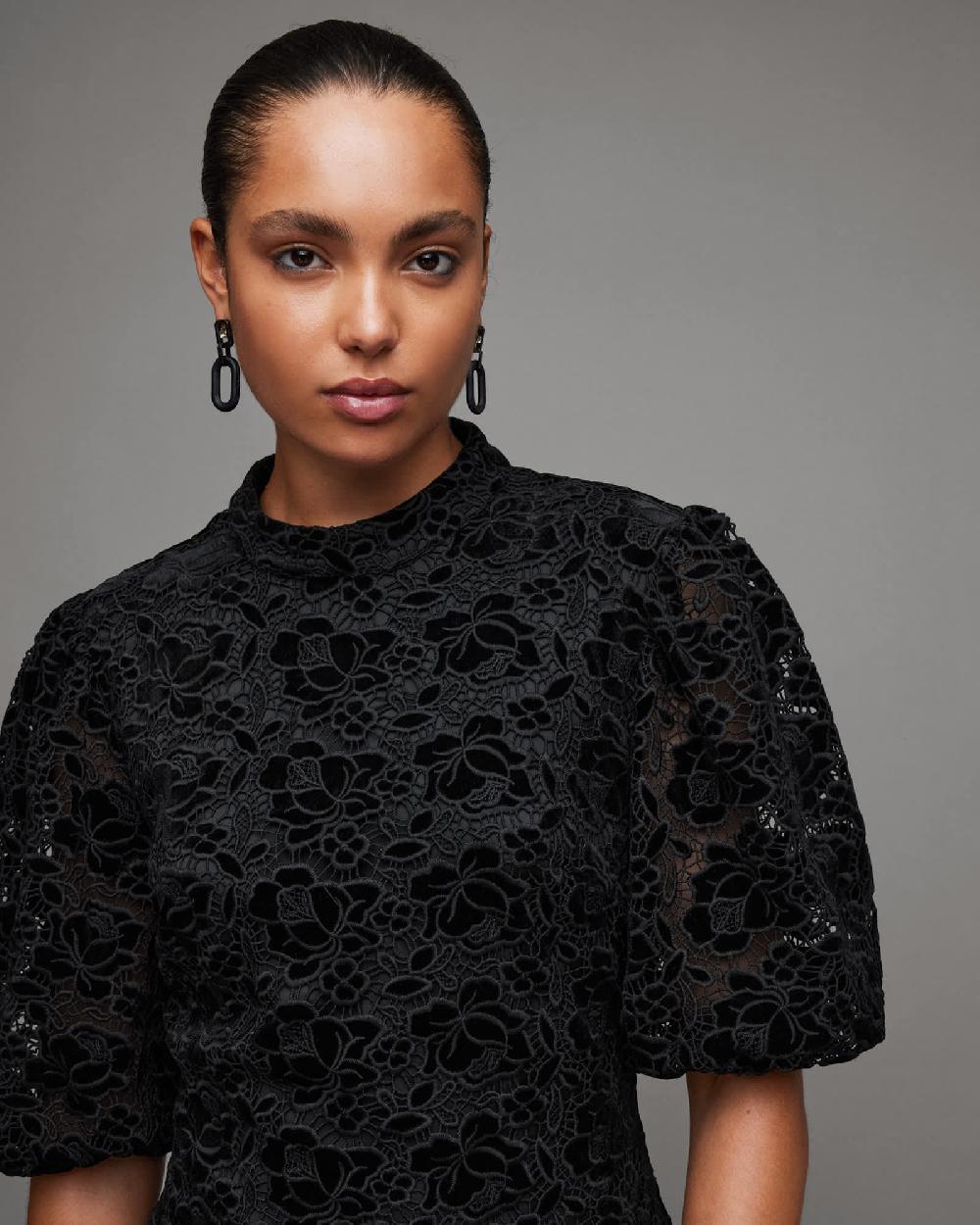 All Saints Camila Broderie Mini Dress Black