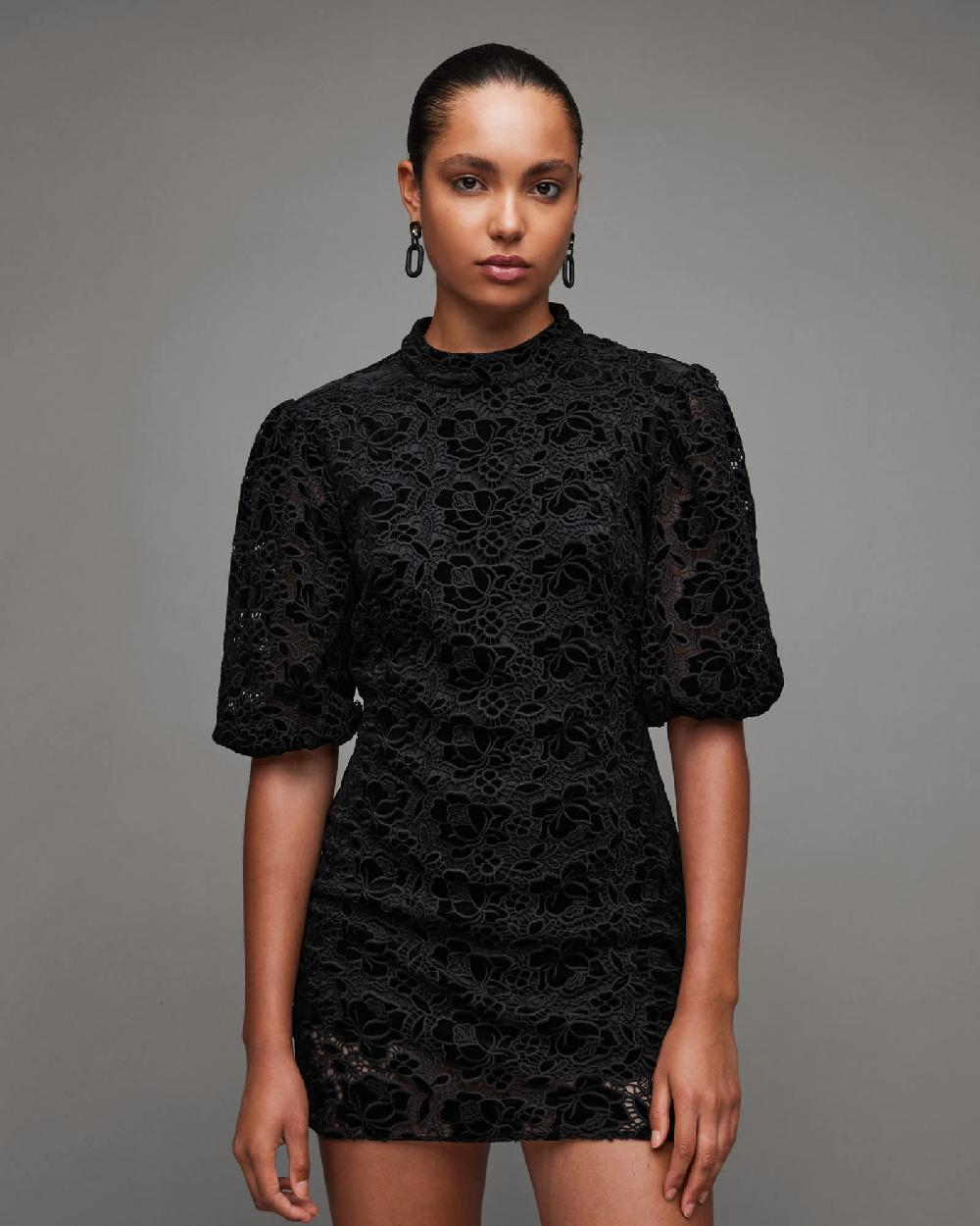 All Saints Camila Broderie Mini Dress Black