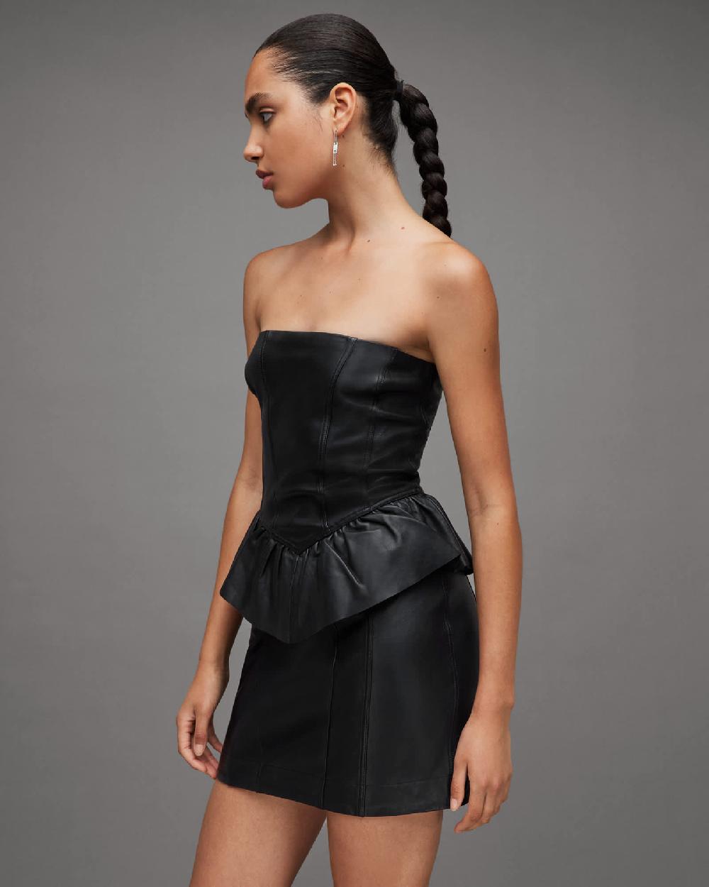 All Saints Cassie Leather Ruffle Mini Dress Black
