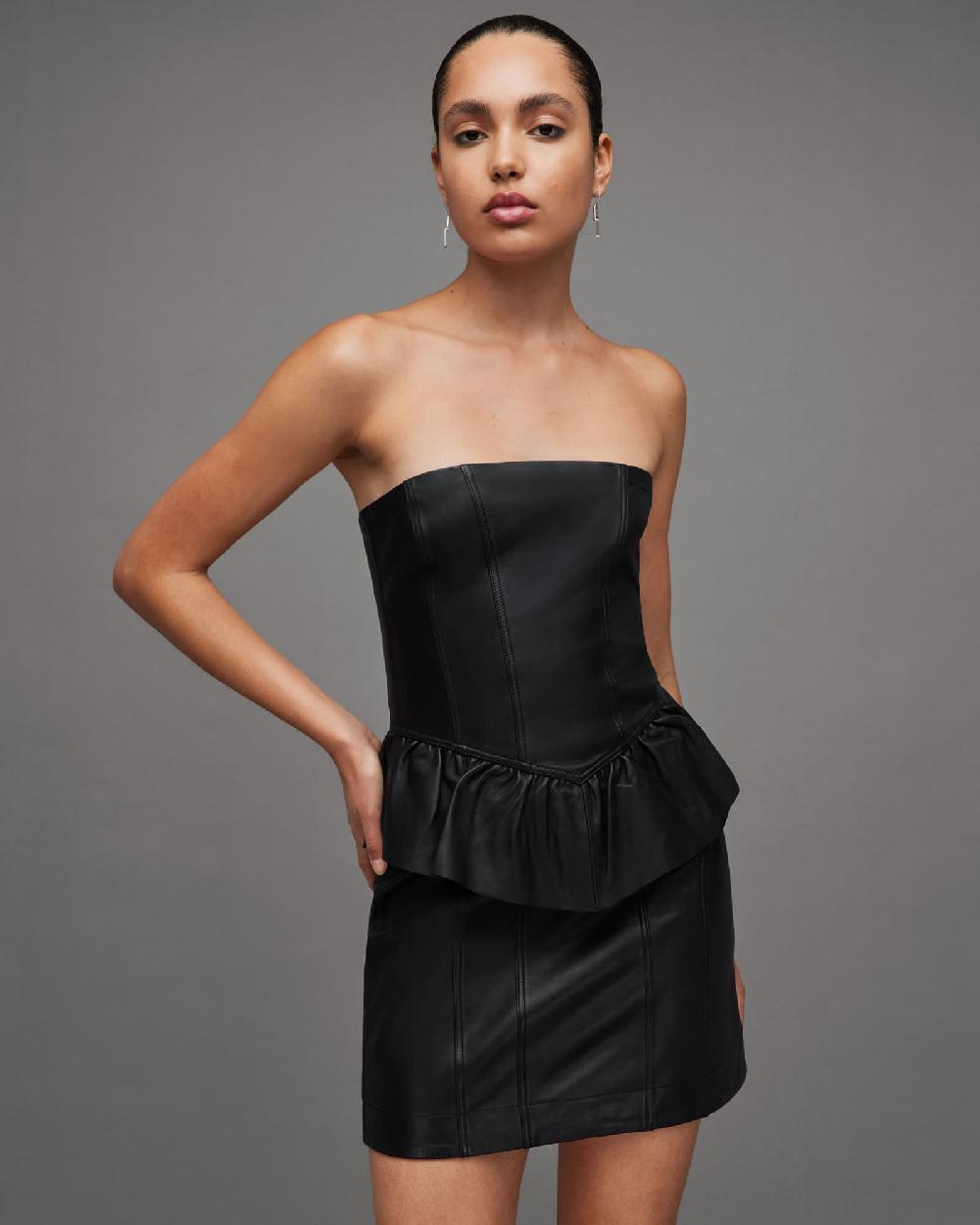 All Saints Cassie Leather Ruffle Mini Dress Black