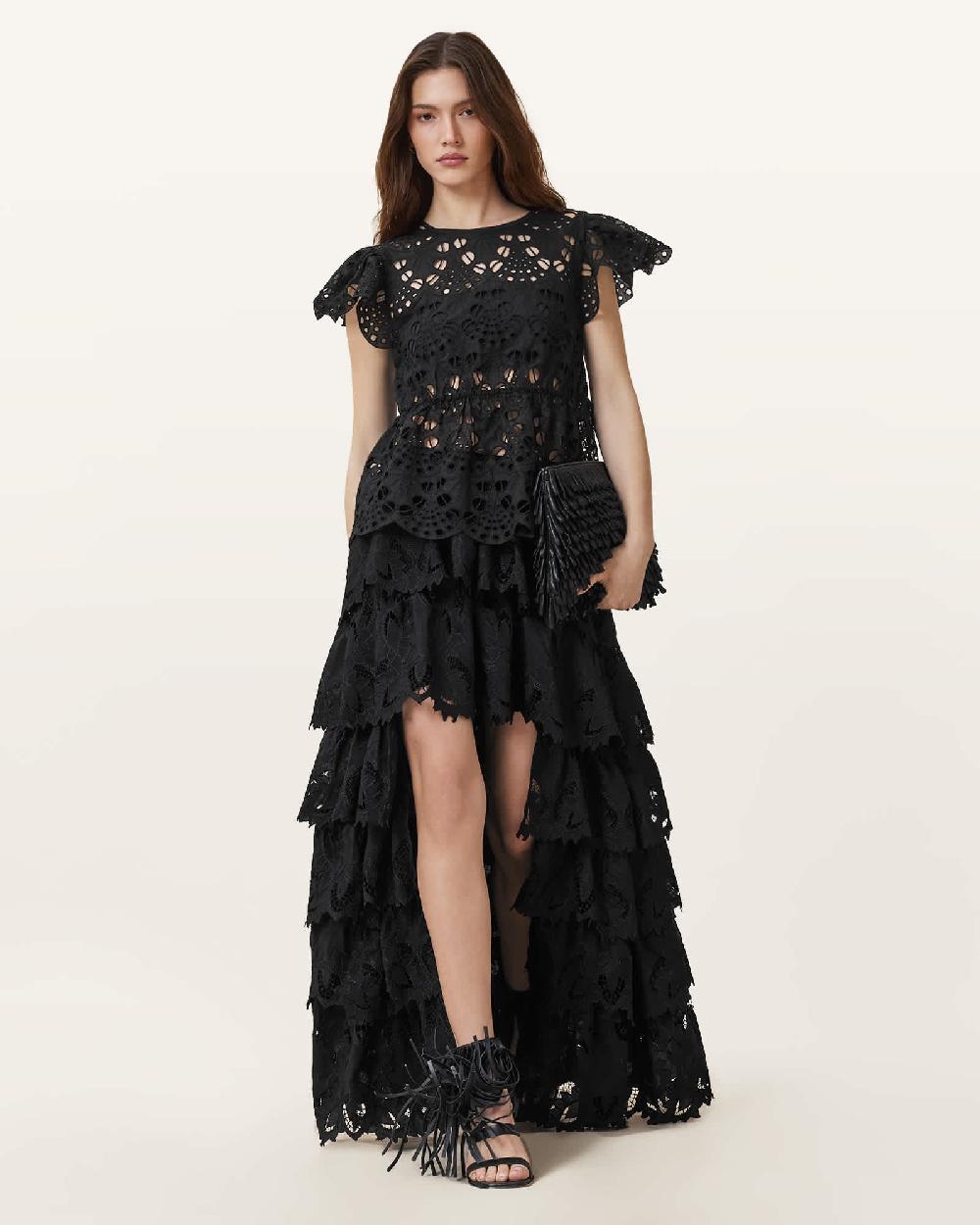 All Saints Cavarly Embroidered Maxi Skirt Black