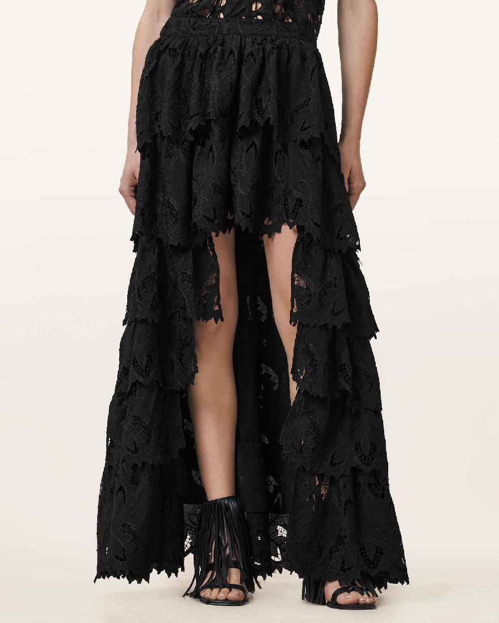 All Saints Cavarly Embroidered Maxi Skirt Black