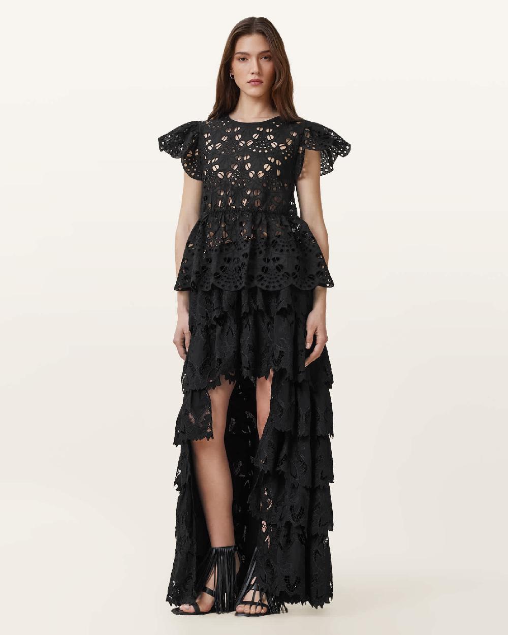 All Saints Cavarly Embroidered Maxi Skirt Black