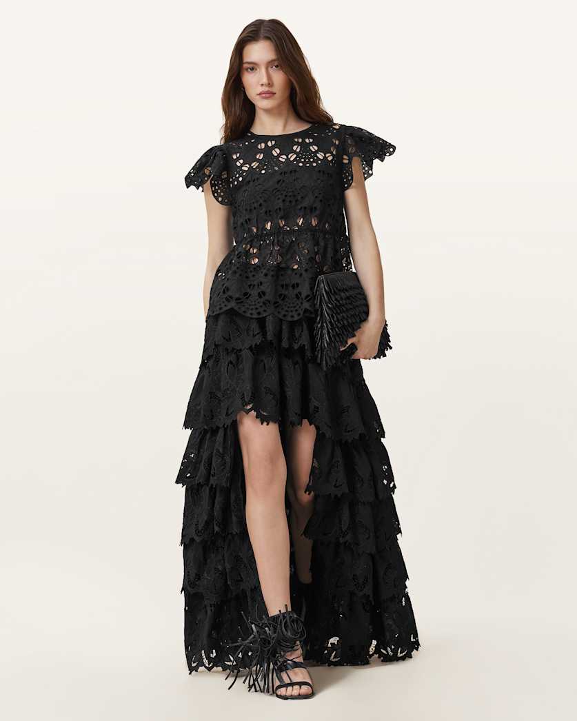 all saints Cavarly Embroidered Maxi Skirt Black