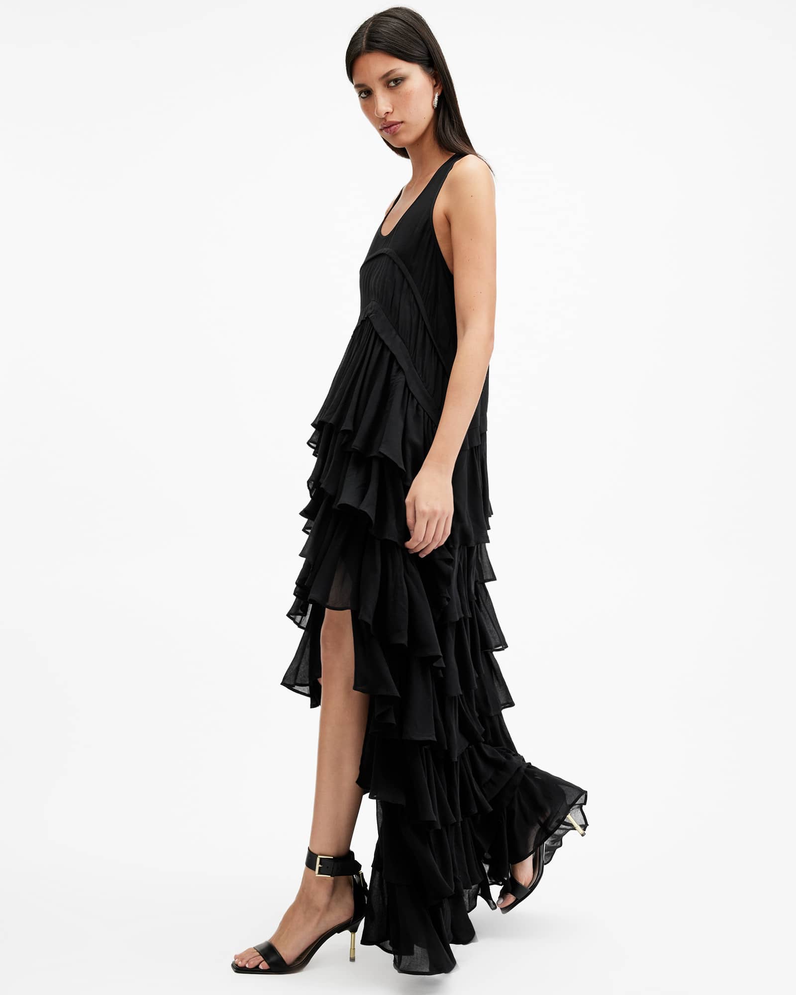 All Saints Cavarly Tiered Ruffle Maxi Dress Black