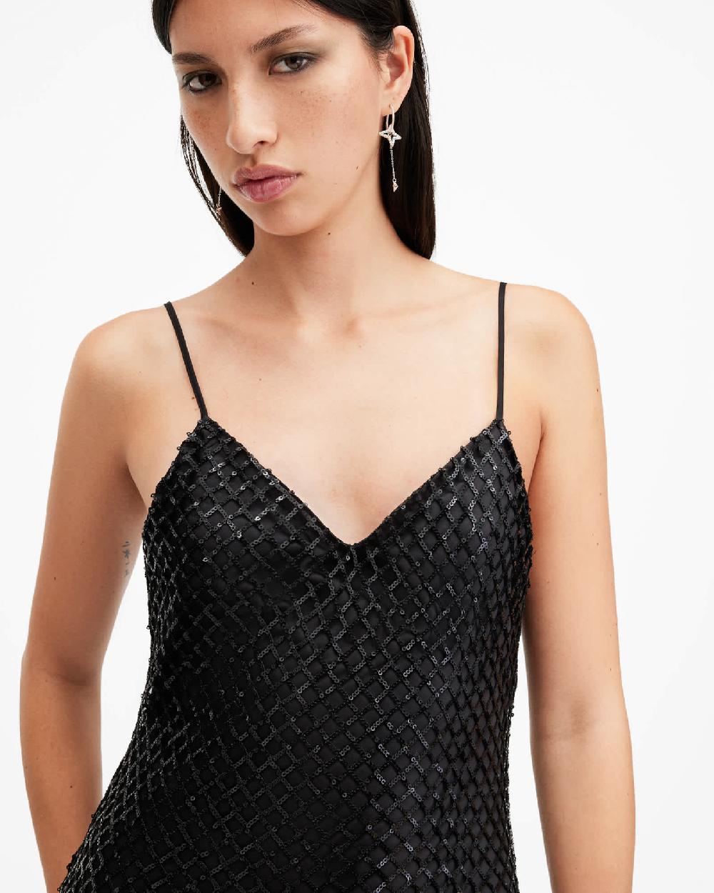 All Saints Chantelle Sequin Midi Slip Dress Black