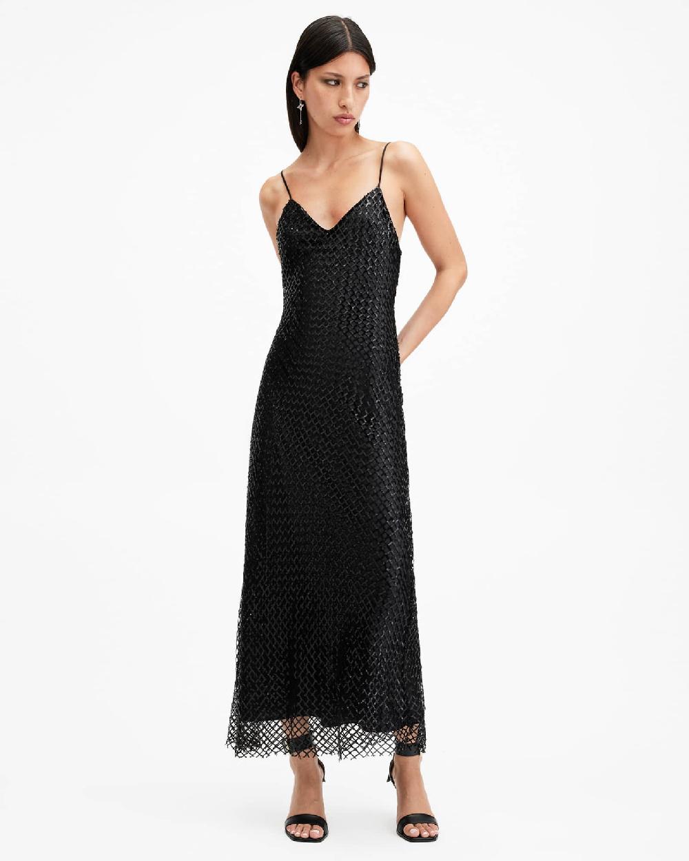 All Saints Chantelle Sequin Midi Slip Dress Black