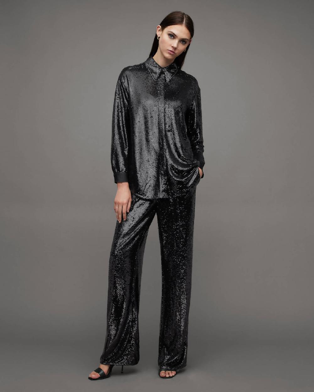 All Saints Charli Sequin Wide Leg Pants Black