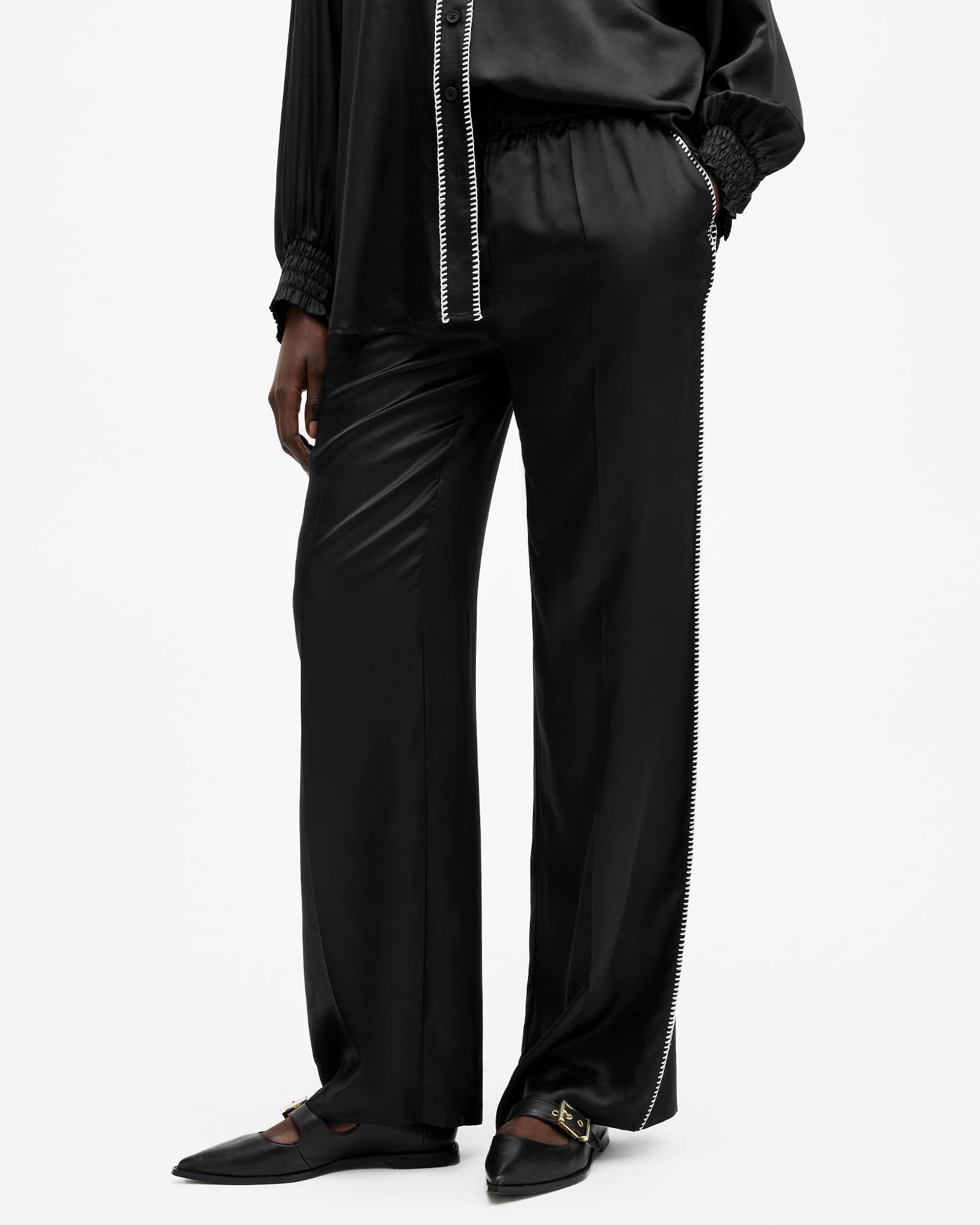 All Saints Charli Silk Blend Wide Leg Pants Black
