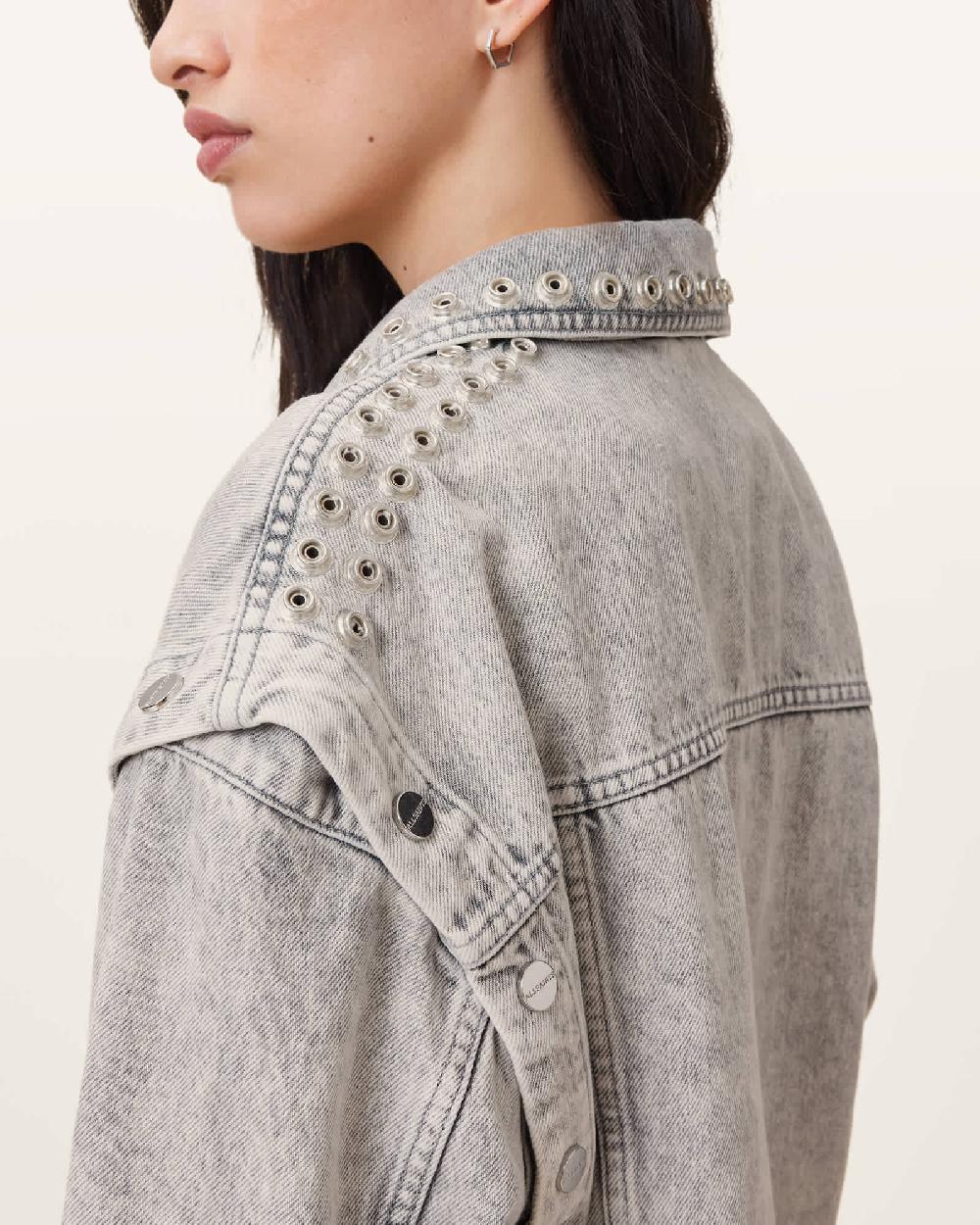 All Saints Chlo Studded Denim Jacket Washed Grey