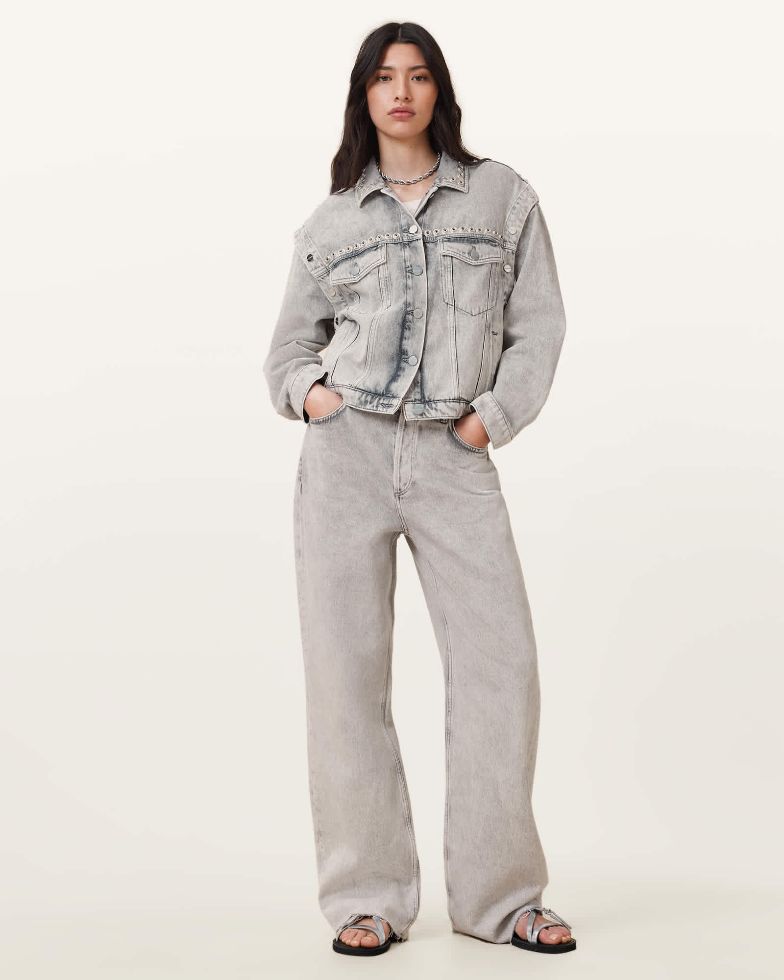 All Saints Chlo Studded Denim Jacket Washed Grey