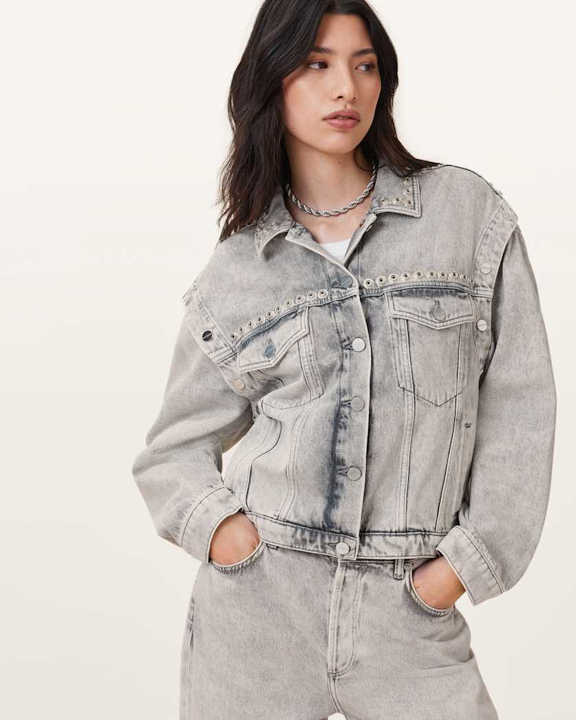 all saints Chlo Studded Denim Jacket Washed Grey