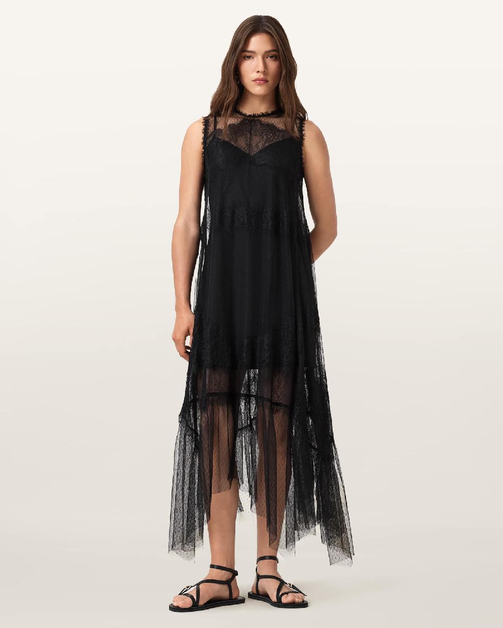 All Saints Clara Lace Trim Midi Dress Black