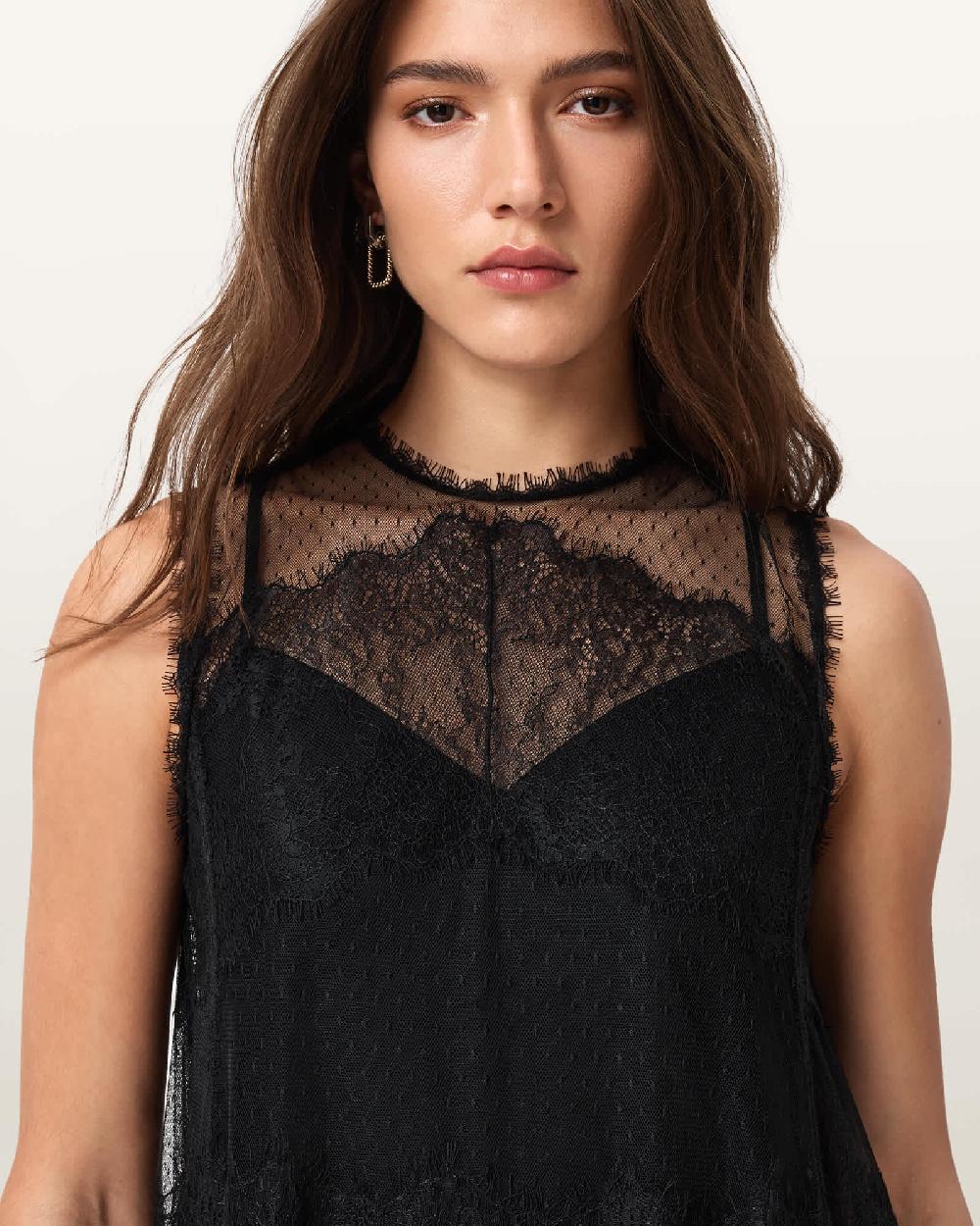 All Saints Clara Lace Trim Midi Dress Black