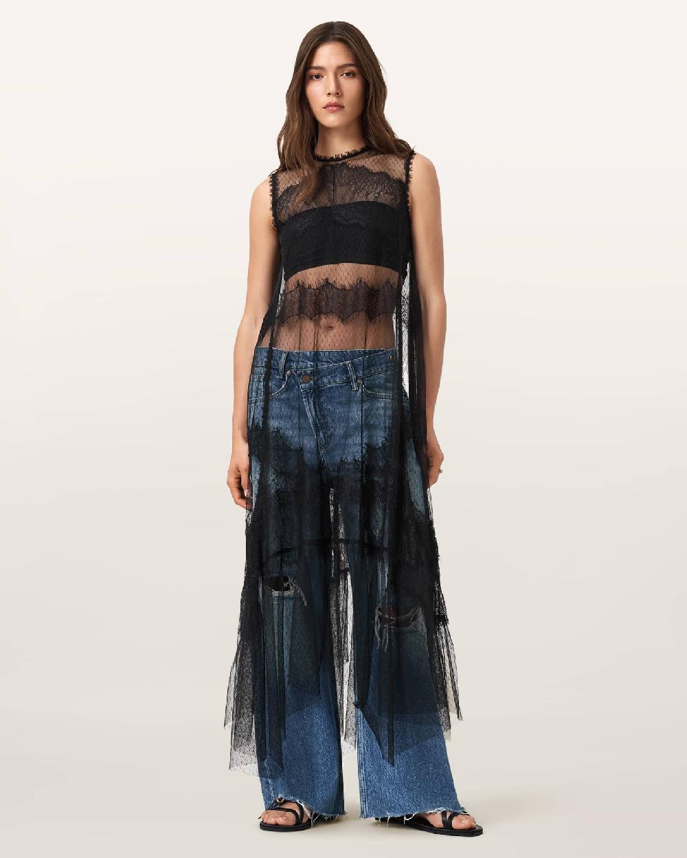 All Saints Clara Lace Trim Midi Dress Black