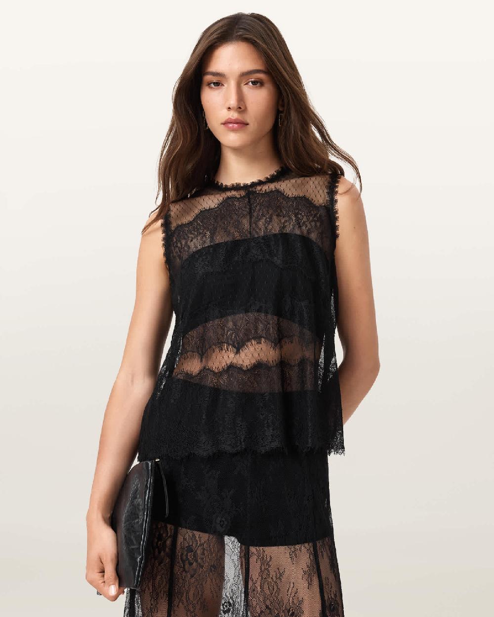 All Saints Clara Lace Trim Sleeveless Top Black